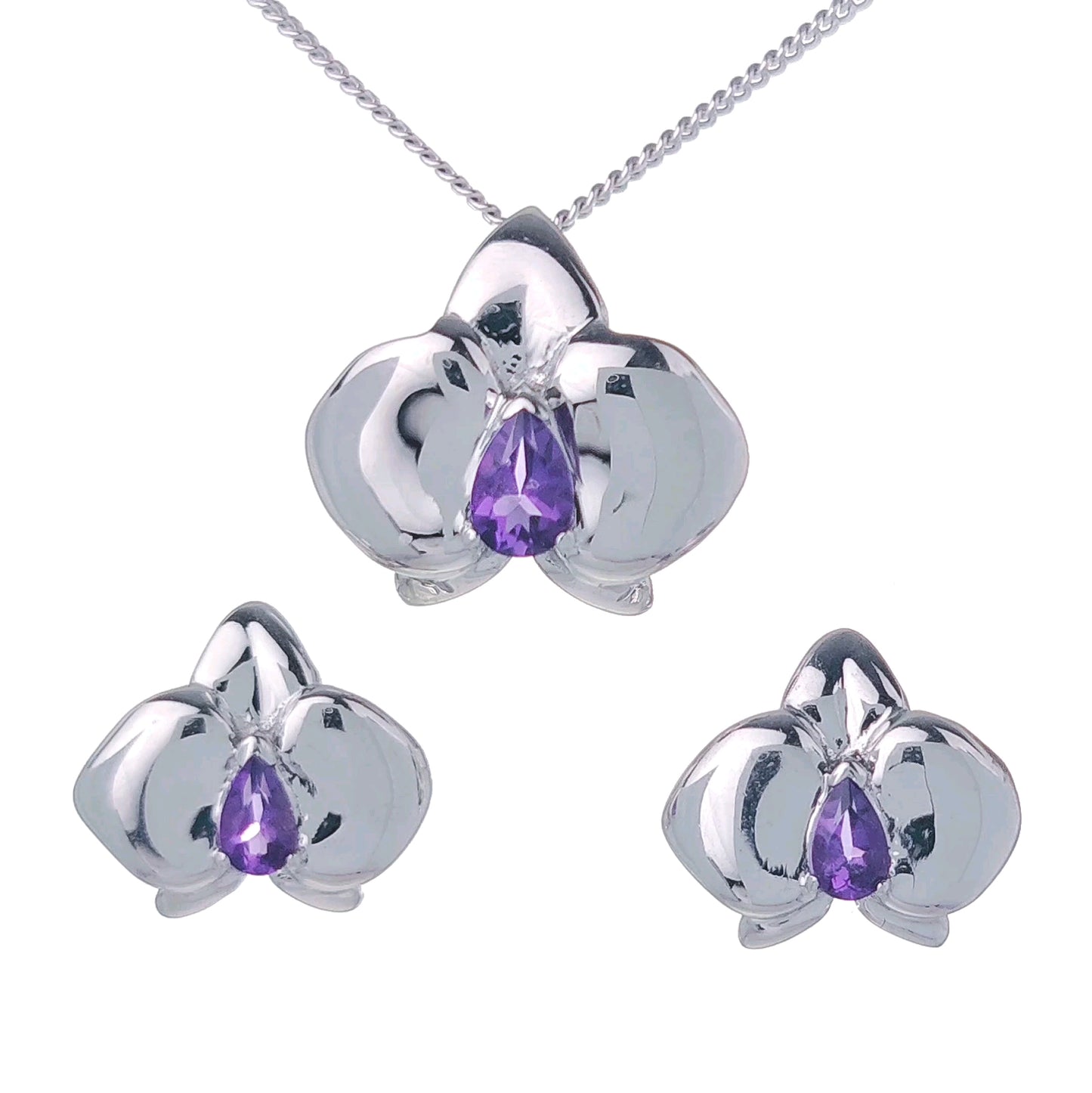 Set Amethyst Necklace Earrings Silver Orchid Pendant Stud 0.75ct February Birthstone