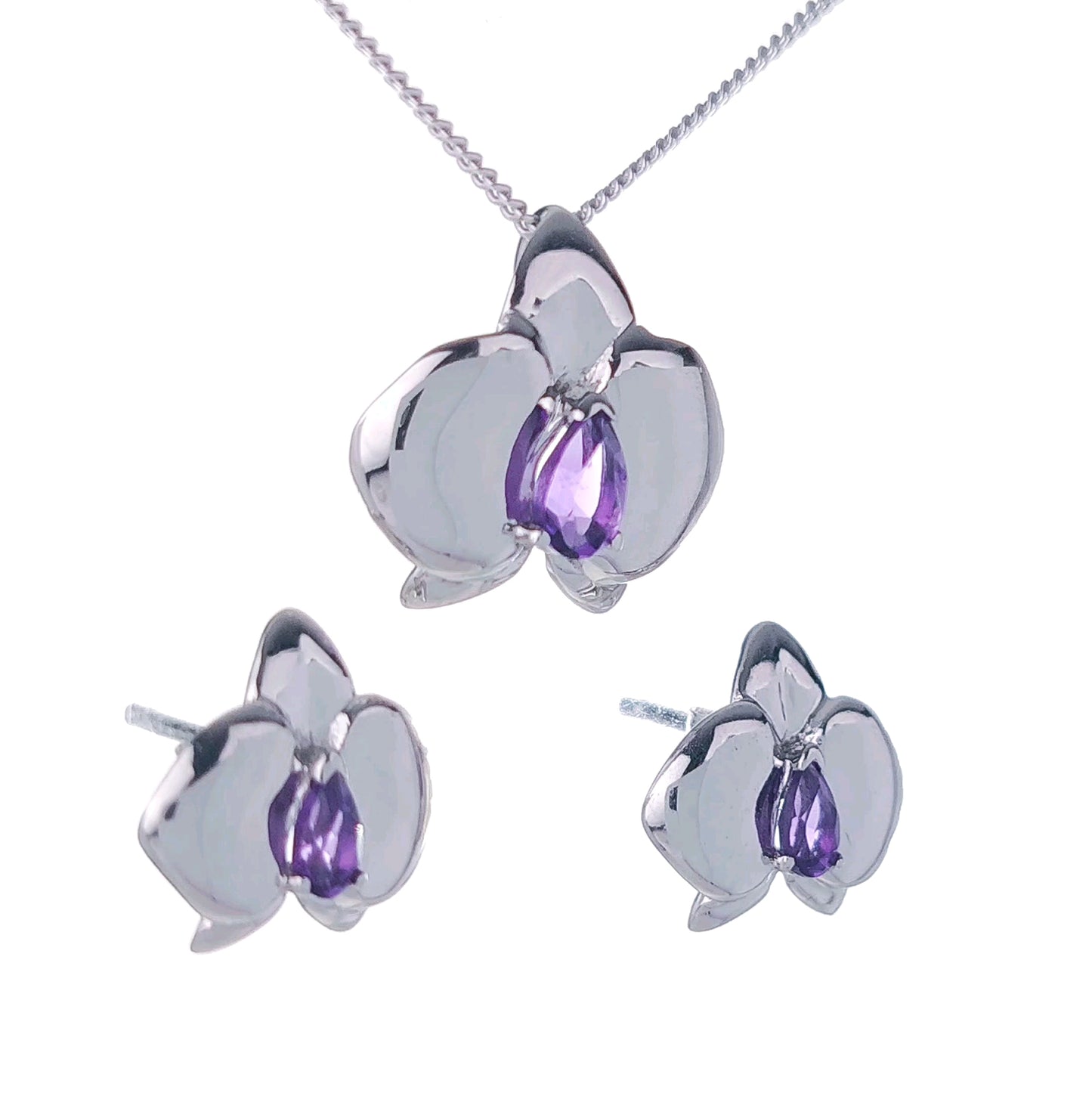 Set Amethyst Necklace Earrings Silver Orchid Pendant Stud 0.75ct February Birthstone