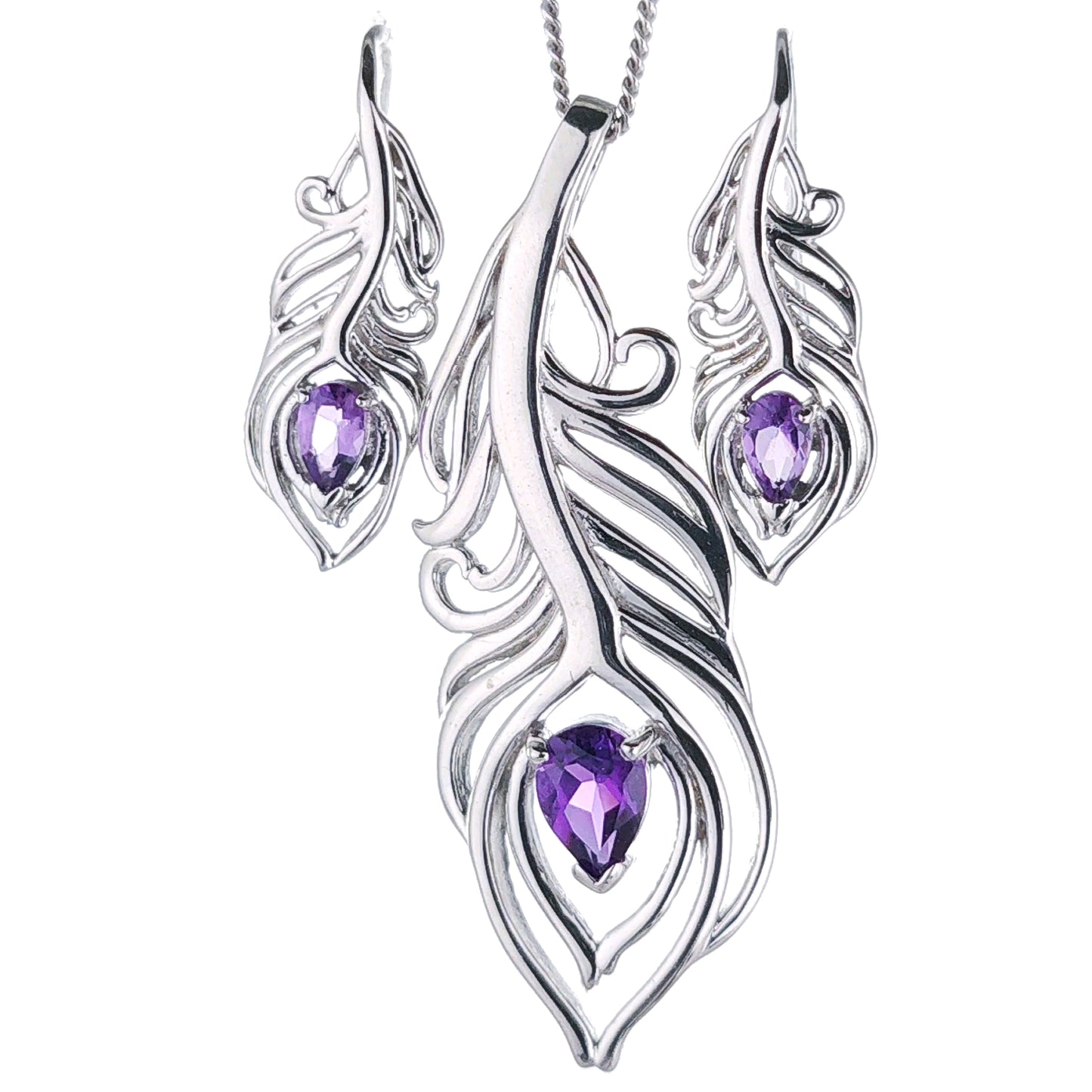 Amethyst Peacock Feather Set Necklace and Dangle Earrings Sterling Silver