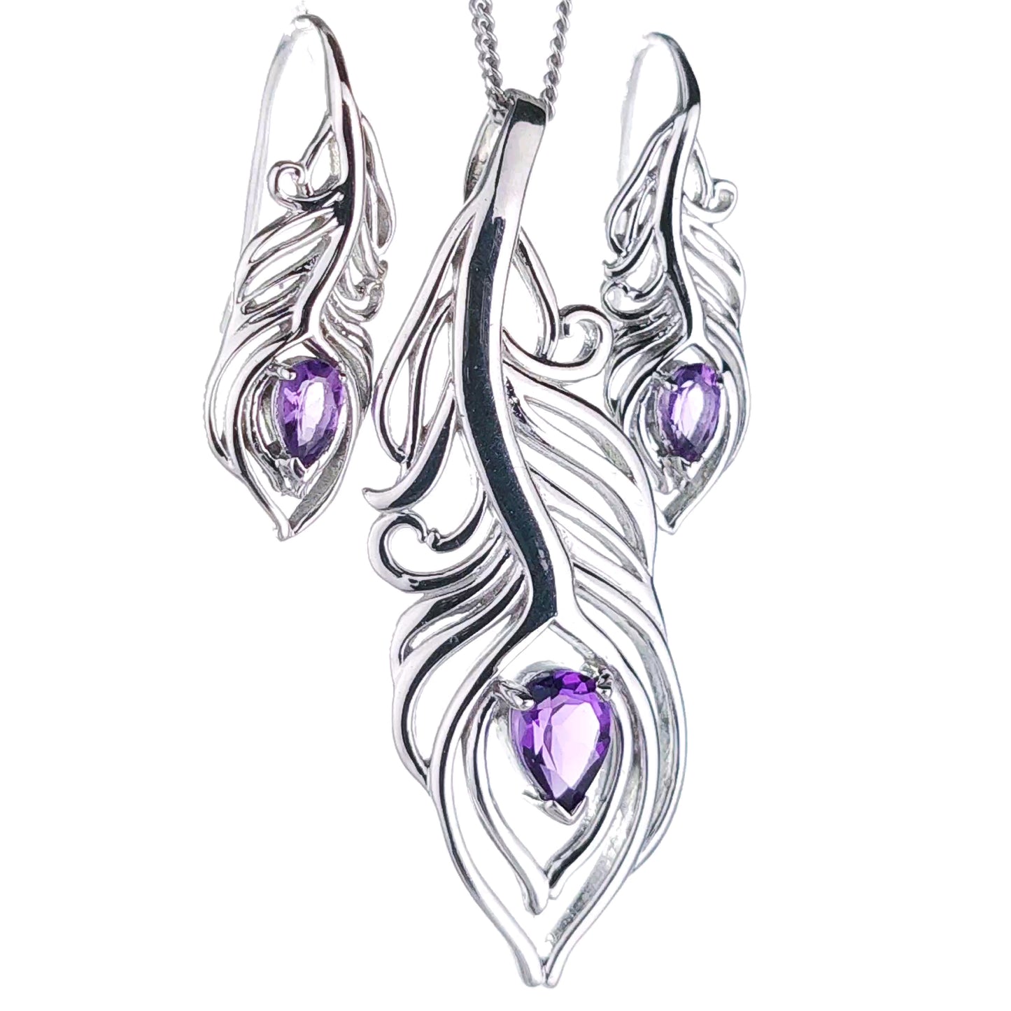 Amethyst Peacock Feather Set Necklace and Dangle Earrings Sterling Silver