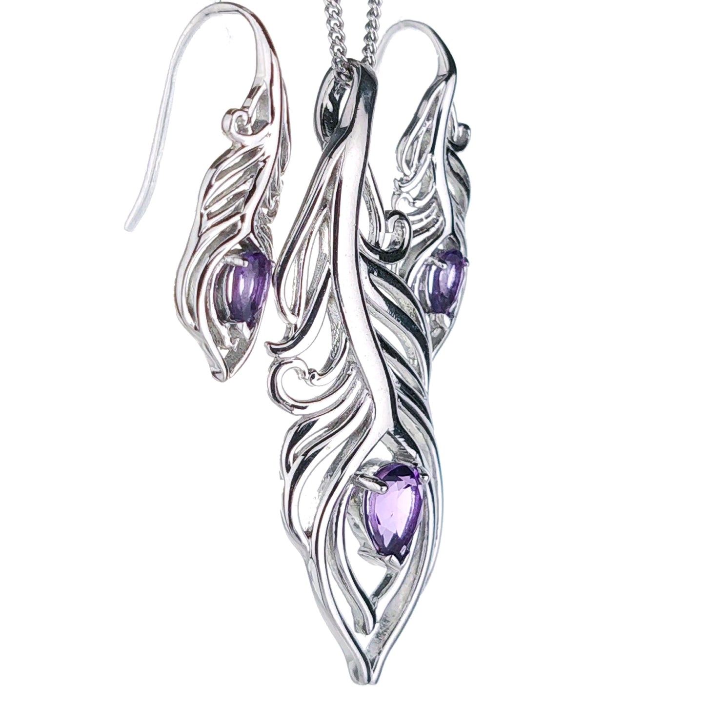 Amethyst Peacock Feather Set Necklace and Dangle Earrings Sterling Silver