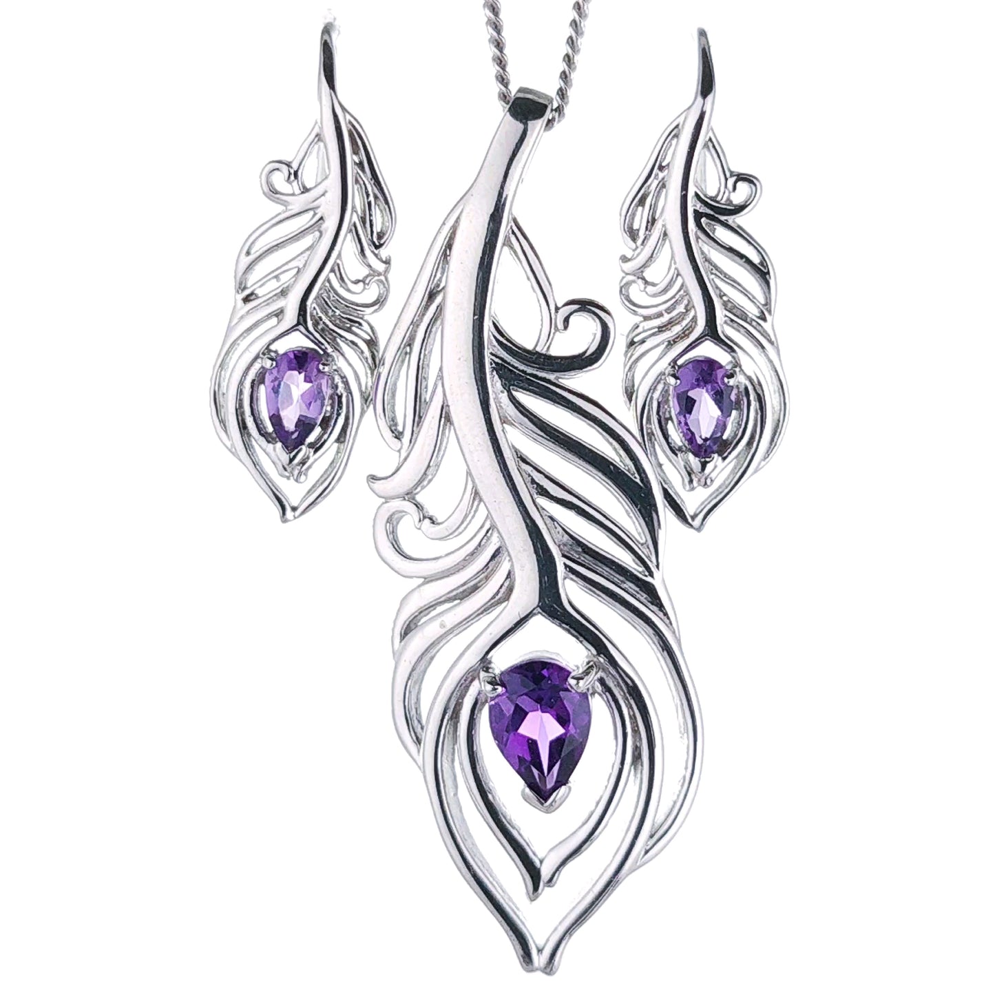 Sterling silver amethyst set peacock feather pendant and matching dangle earrings