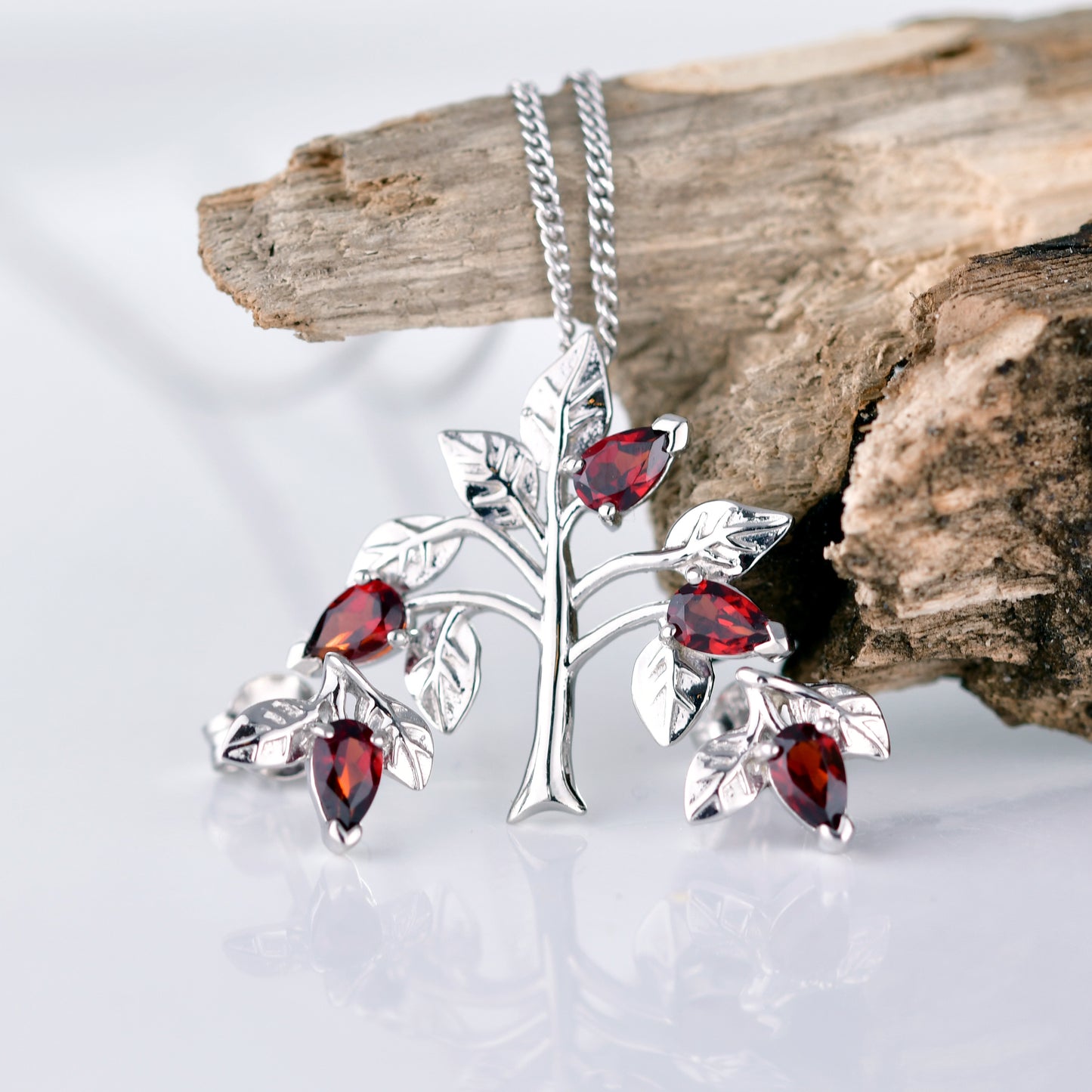 Garnet Necklace Earring Set 1.25ct Pear Red Tree of Life Sterling Silver