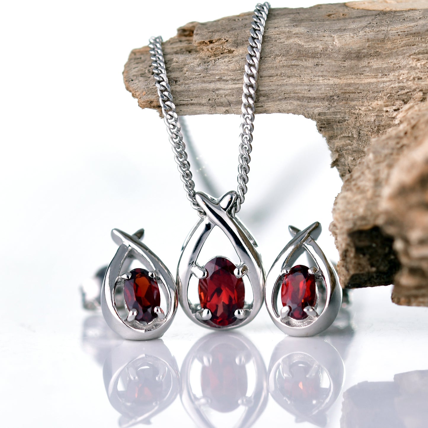 Garnet Necklace Earring Set 0.91ct Pear Red Twist Sterling Silver January Birthstone