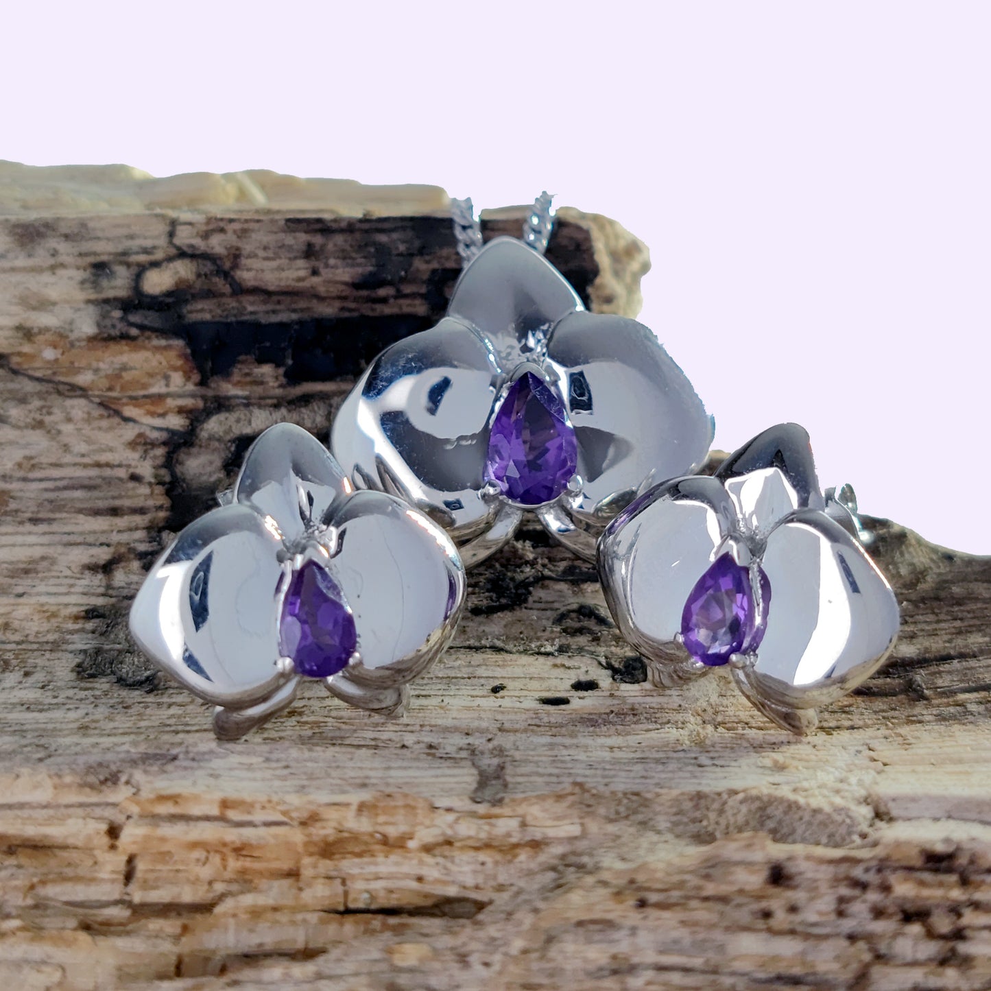 Set Amethyst Necklace Earrings Silver Orchid Pendant Stud 0.75ct February Birthstone