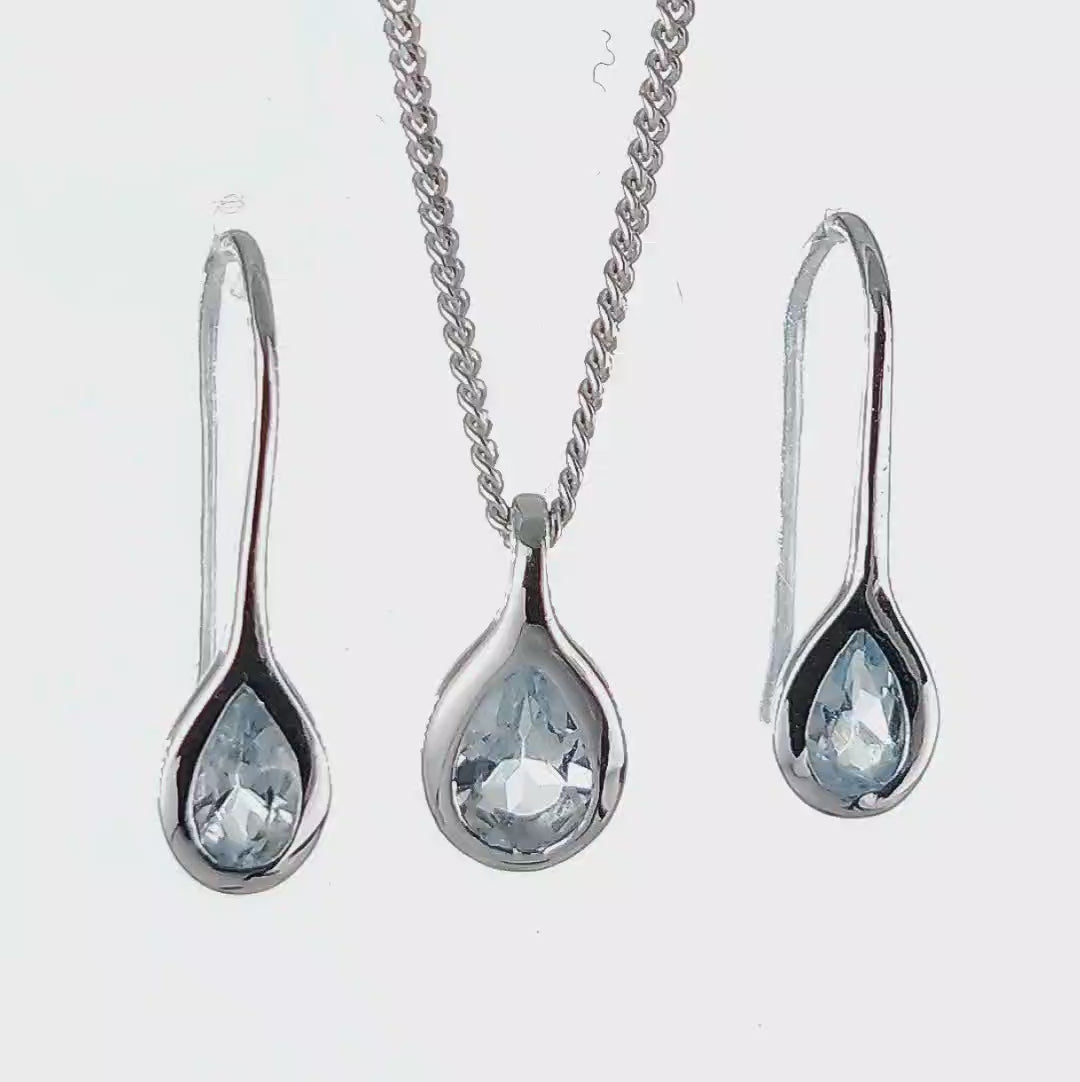 Aquamarine Rubover pear necklace earring set sterling silver