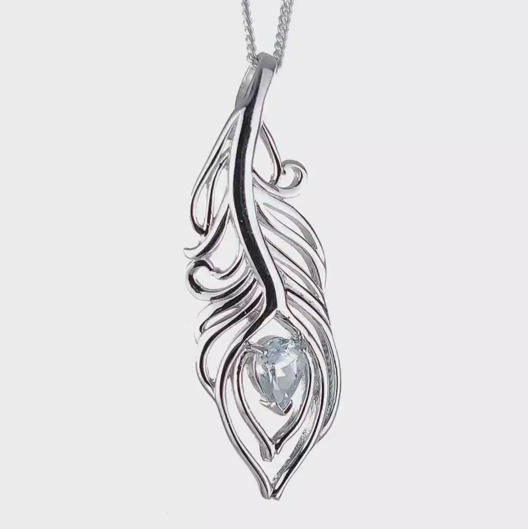 Aquamarine peacock feather statement pendant sterling silver